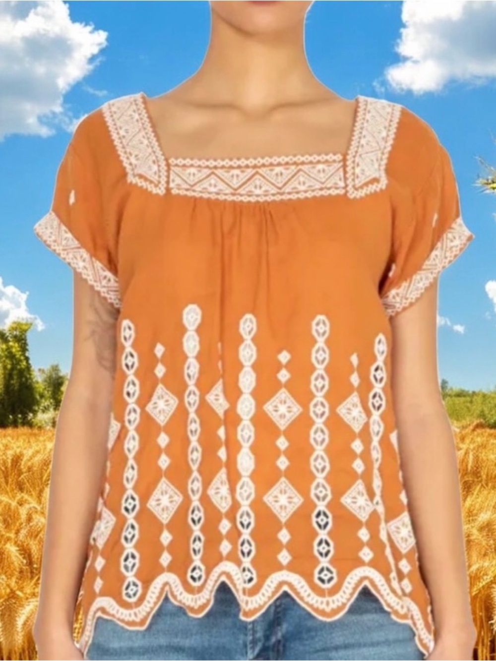 Johnny Was Jade Rust Burnt Orange & White Embroidered Square-Neck Blouse